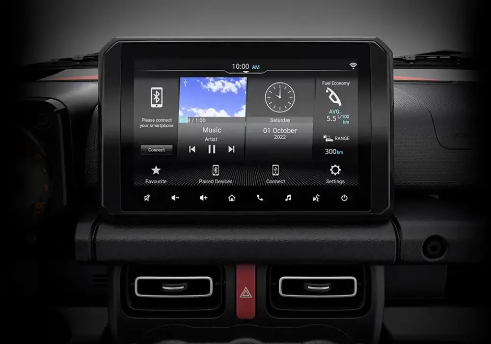 Primer plano de una pantalla táctil de un Suzuki Jimny